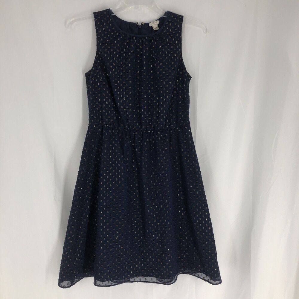 J.CREW Women Navy Metallic Gold Dot Dress Sleeveless Navy Size 2 Zipper Flare